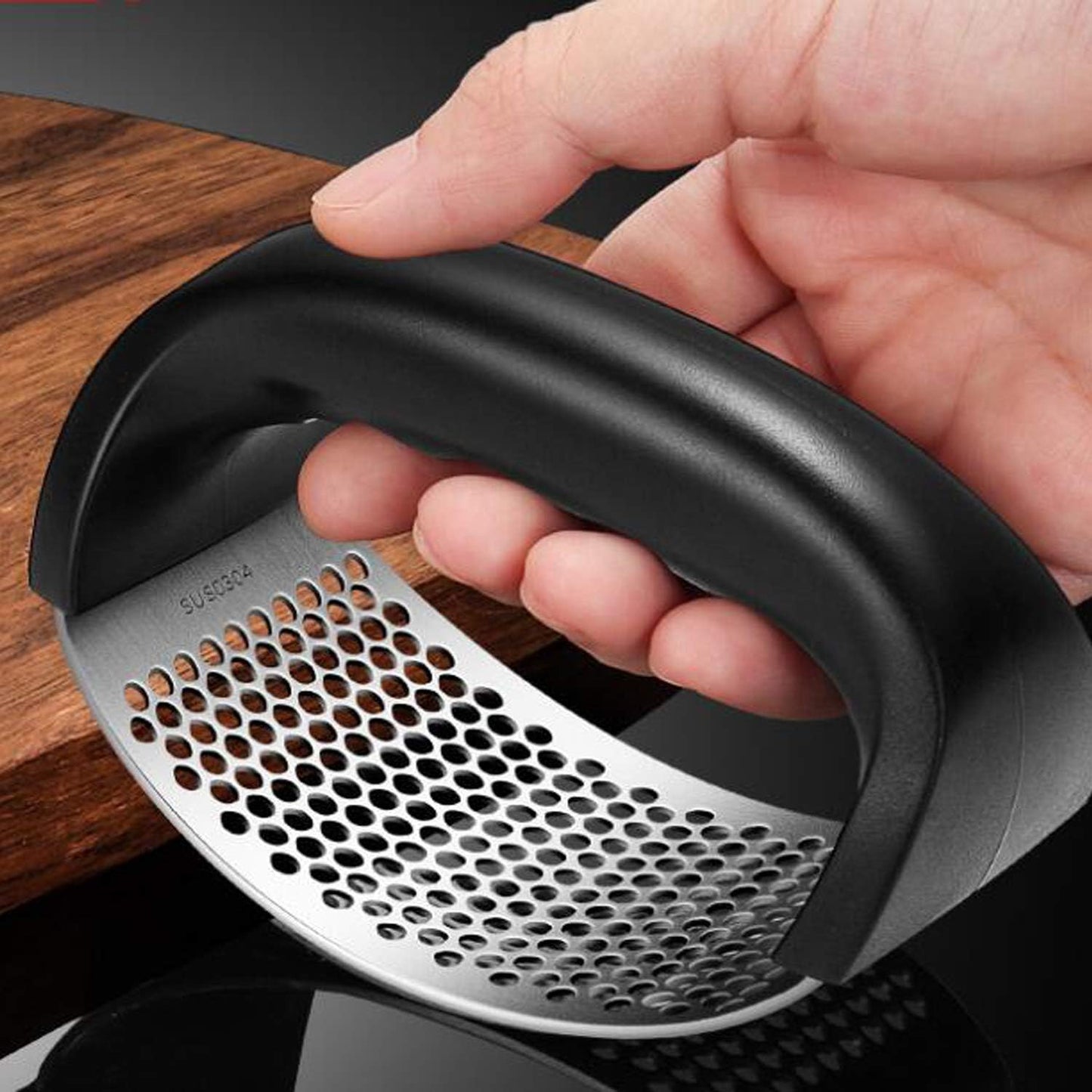 Garlic Press Rocker - Stainless Steel Garlic Crusher, Chopper, Mincer with Silicone Garlic Peeler, Mini Brush Tools For You (Black)