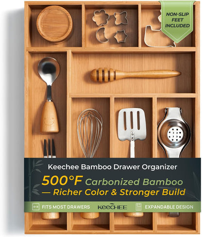 keechee Carbonized Bamboo Kitchen Drawer Organizer, 10 Slots Expandable Silverware Organizer, Utensil Holder & Cutlery Tray, 2.2" Deep for Extra Capacity, Non-Slip Feet Included