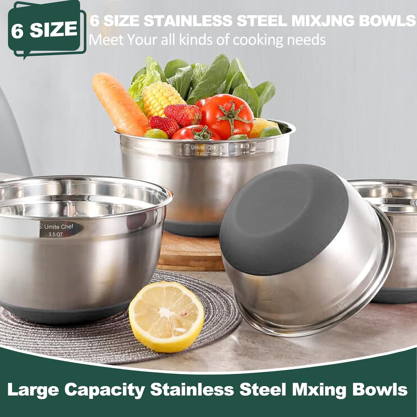 Umite Chef Mixing Bowls with Airtight Lids, 6 piece Stainless Steel Metal Nesting Storage Bowls, Non-Slip Bottoms Size 7, 3.5, 2.5, 2.0,1.5, 1QT, Great for Mixing & Serving (Khaki)