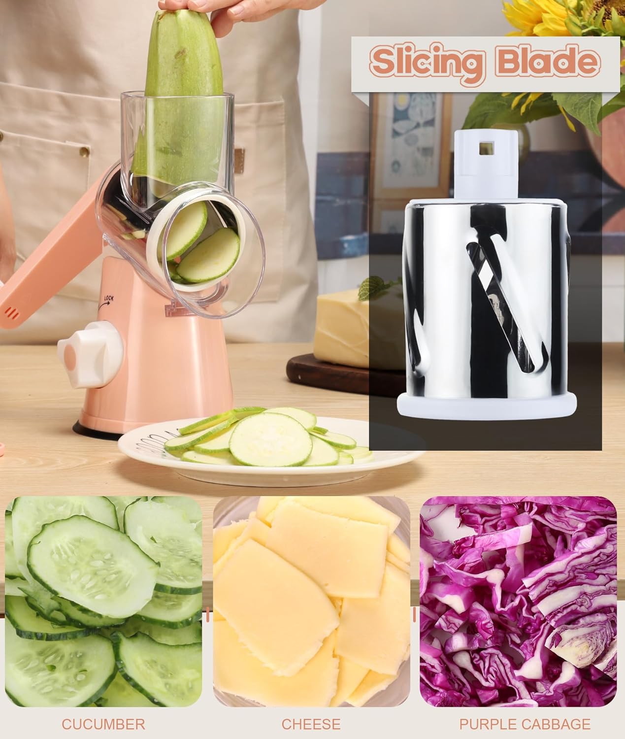 Ourokhome Rotary Cheese Grater Hand Crank, Kitchen Shredder Speed Mandolin Slicer Nut Grinder with Handle and Drum Blades for Cheese, Vegetable, Walnut, Chocolate, Potato, Carrot, 3 Blades, Dark Blue