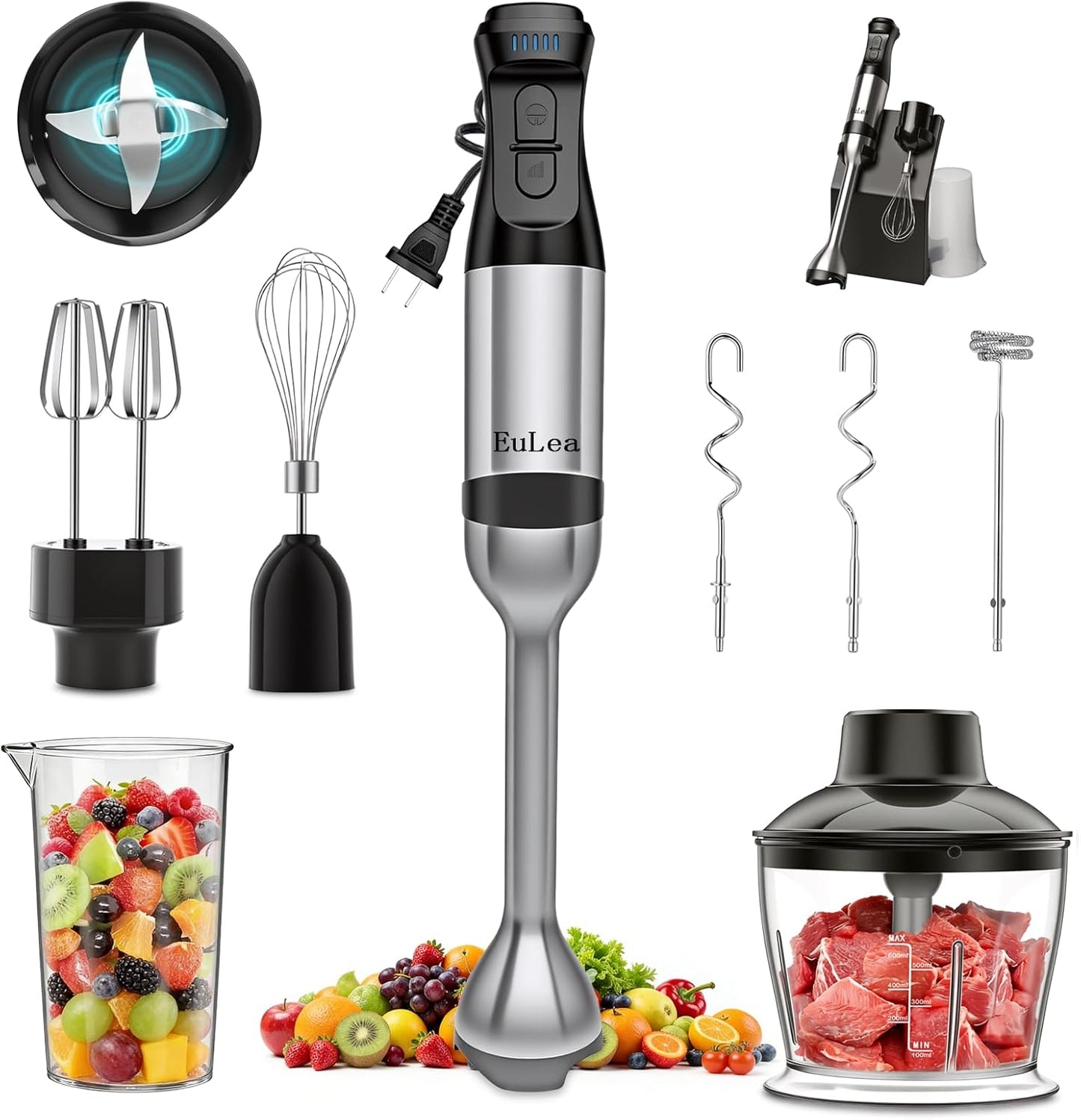 8-in-1 Hand Blender 1200W 5-Speed, Immersion Stick Blender Set with Meat Grinder Dough Hooks Whisk Mixing Cup Storage Rack, for Smoothie Soup Puree Food Dough