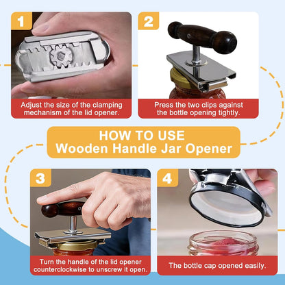 Heavy-Duty Cap Crack Jar Opener for Senior & Weak Hand - Strong Grip Oak Wood Handle & 304 Stainless Steel, Adjustable Manual Leverage Lid Remover for 1.5"-4" Jars [Clamp on Lid to Open]
