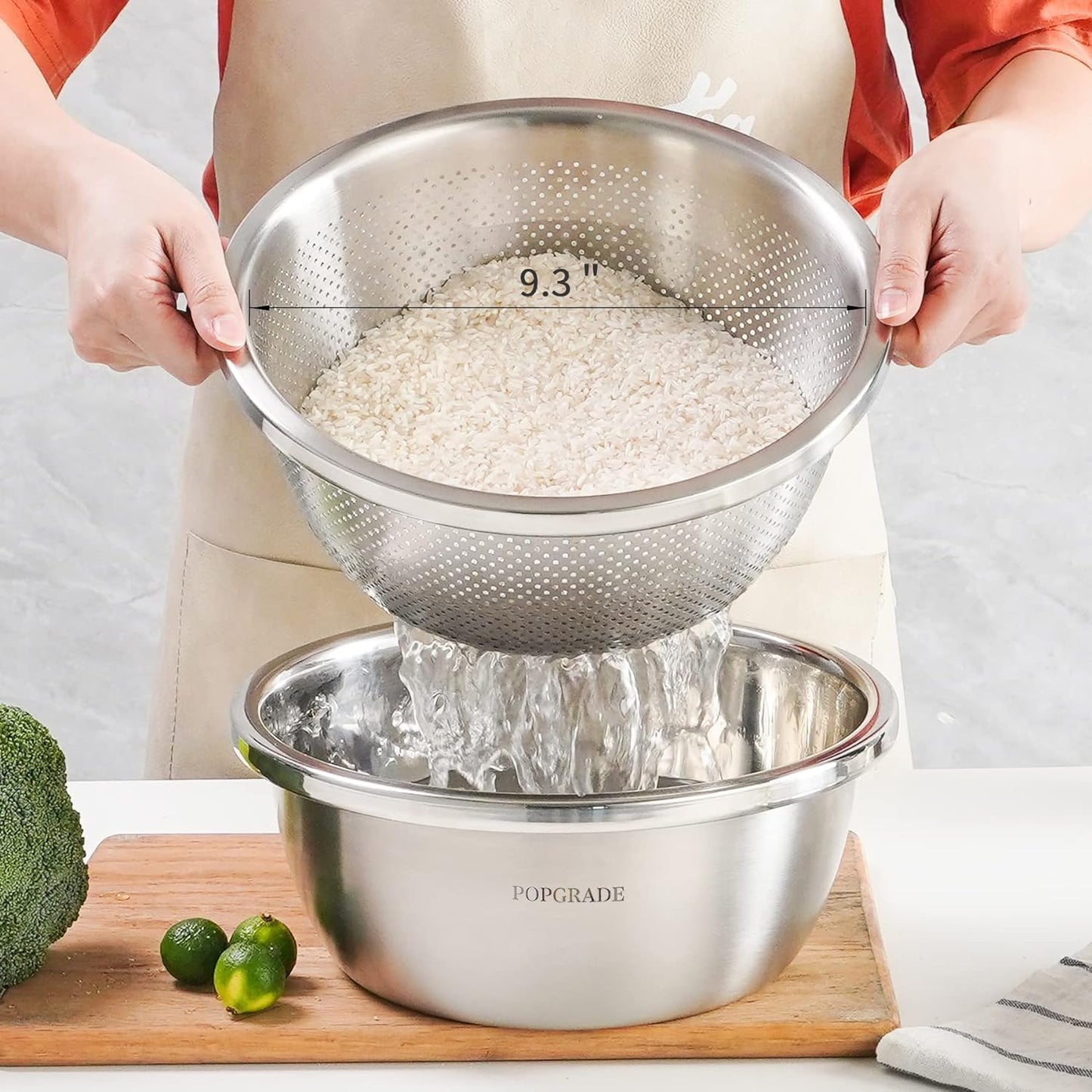 304 Stainless Steel Colander 5QT Microporous Colander & Large Bowl for Kitchen,Rice Strainer with Salad Mixing Bowl for Pasta Straining,Fruit Washing,Vegetable Draining,Food Mixing(2PCs)