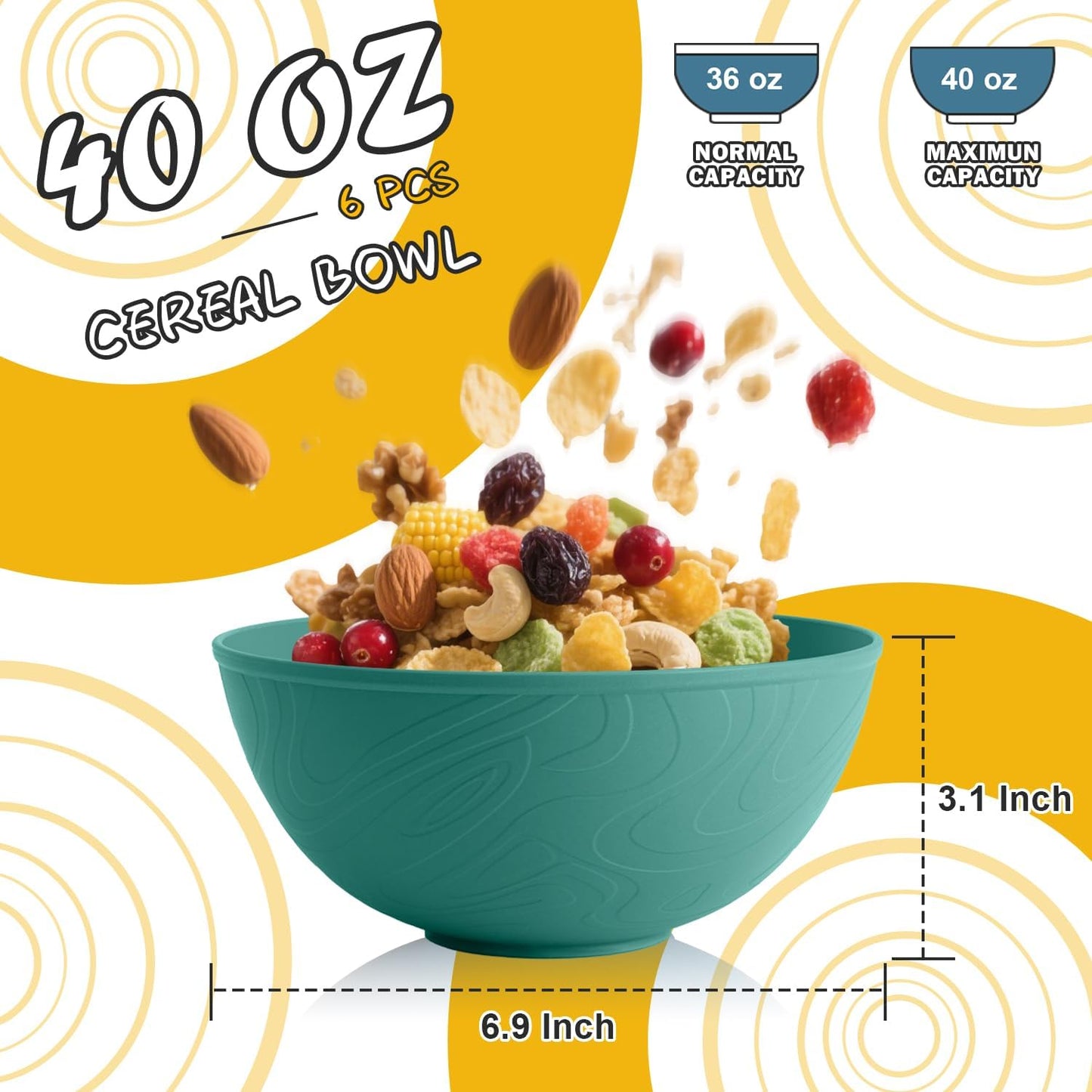 Wheat Straw Bowls Set with Lids, Unbreakable 40 OZ Cereal Bowls Set of 4, Salad Container for Lunch, Microwave & Dishwasher Safe Bowl Set for Kitchen, Picnic, RV, Camping, Multi