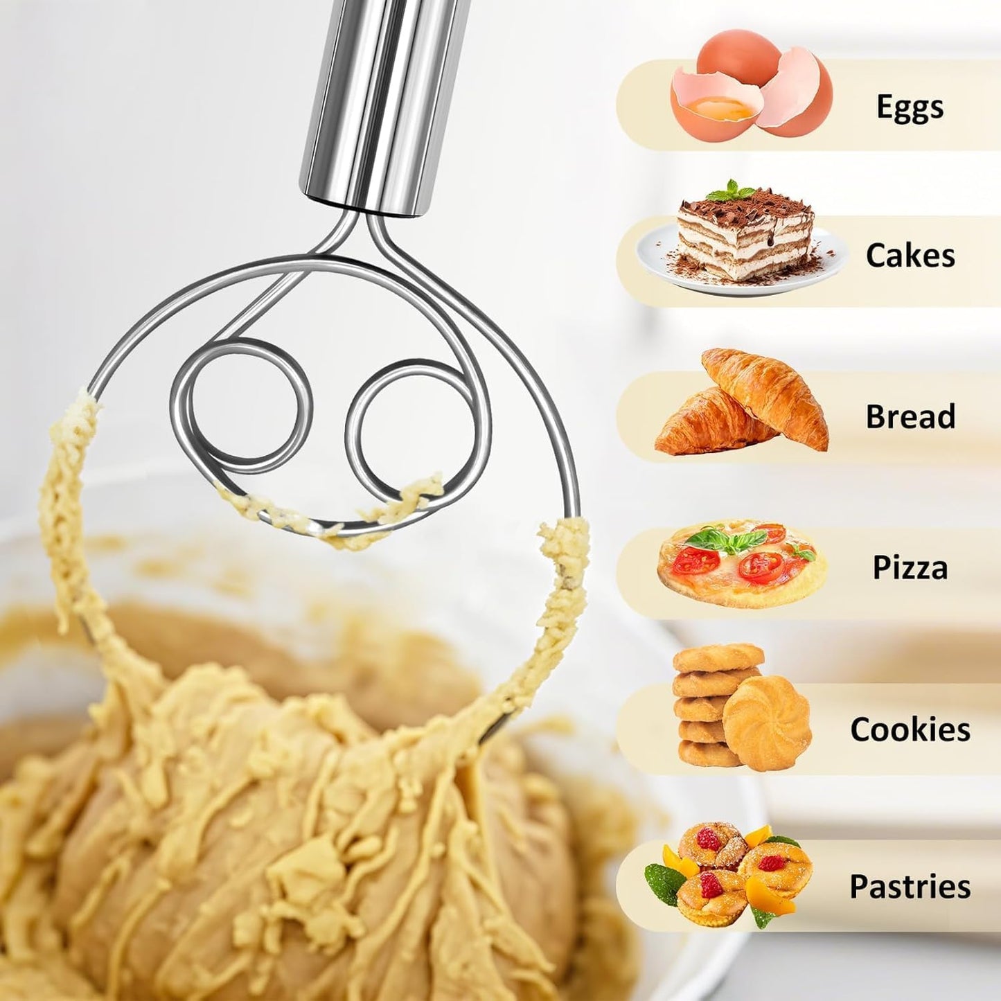 2 Pack Stainless Steel Dough Whisks for Baking, Hand Mixer for Bread, Pizza, Pastry - Ergonomic Design for Easy Kneading & Blending