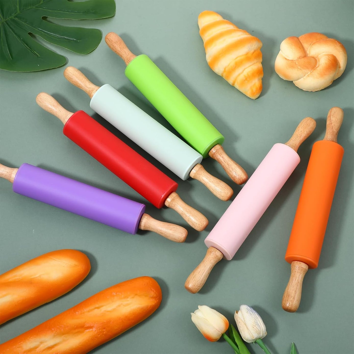 6 Pack Small Rolling Pins for Kids, Silicone Rolling Pin with Wooden Handle, Mini Rolling-Pins for Dough, Cookie, Pastry, 12 Inch (6 Colors)