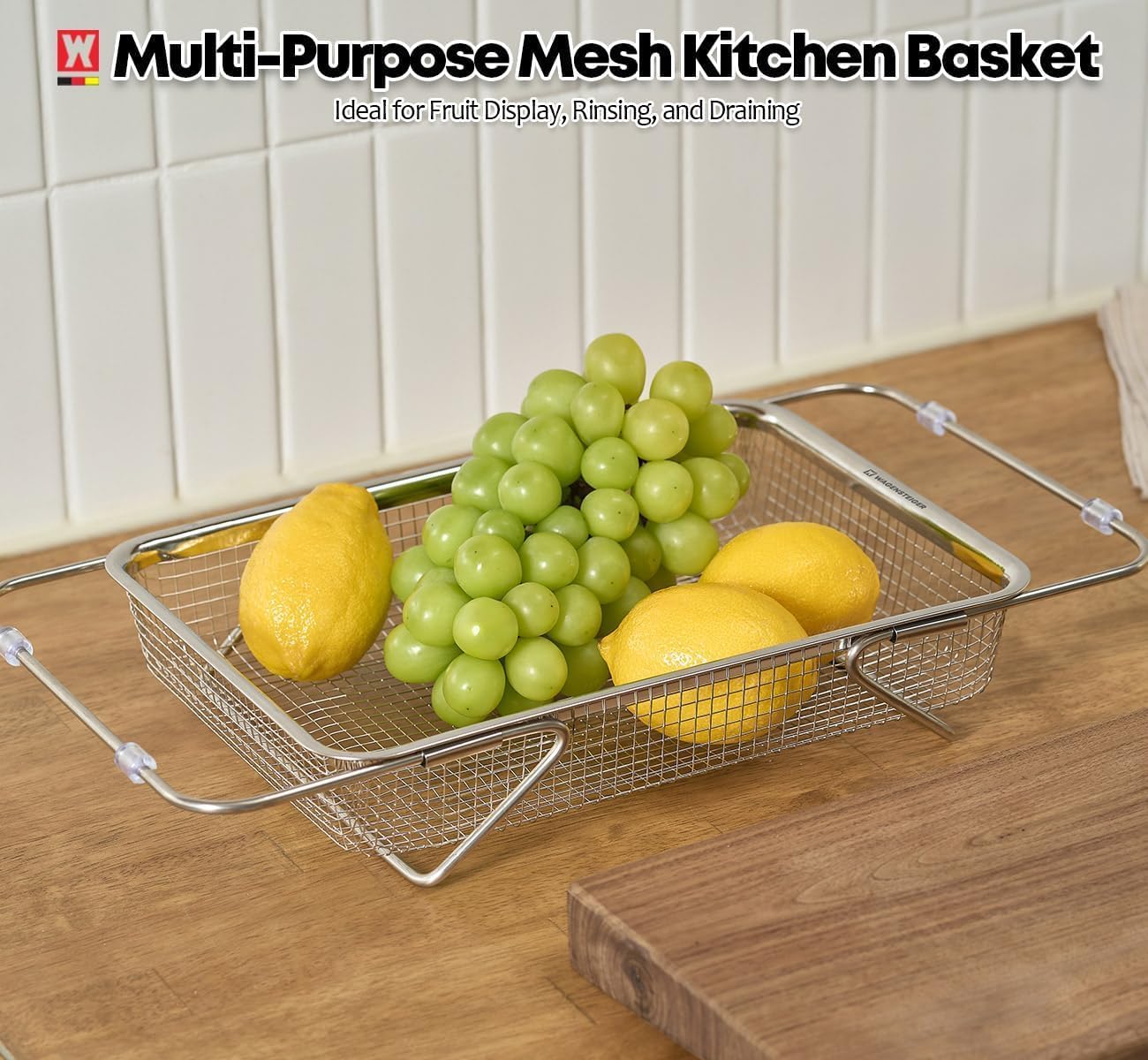 WAGENSTEIGER Extendable Dish Rack with Feet, Vegetable Colander Basket, Stainless Steel Dish or Silverware Drying Rack, Ultimate Kitchen Organizer Over the Sink (12.40 x 5.12 x 2.36 Inches)