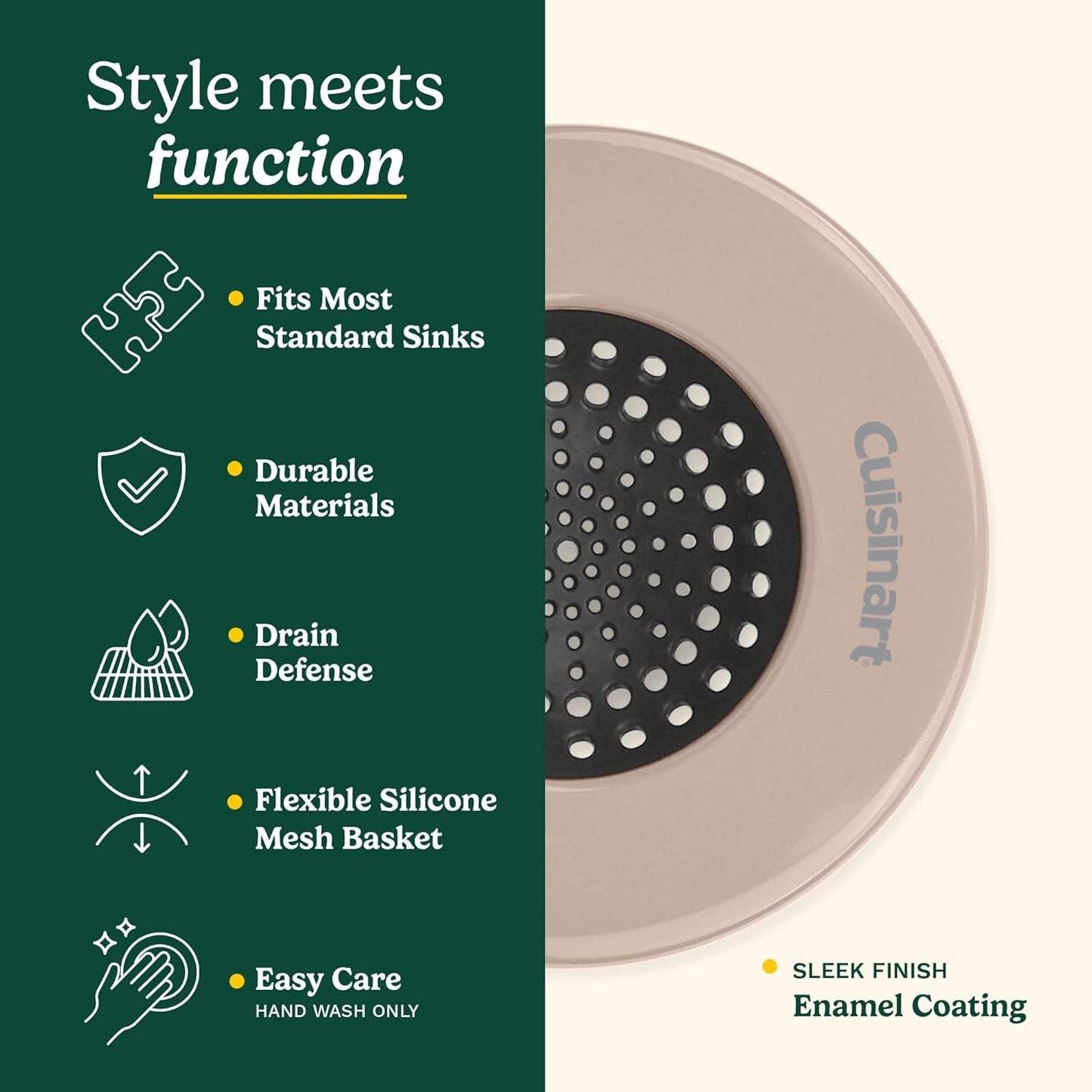 Cuisinart Sink Strainers- 2 Pack Kitchen Sink Drain Strainer & Food Catcher with Enamel-Coated Stainless Steel Rim and Silicone Base, Fits Standard 3.5" Drains, Outer Diameter 4.35", Scratch-Safe