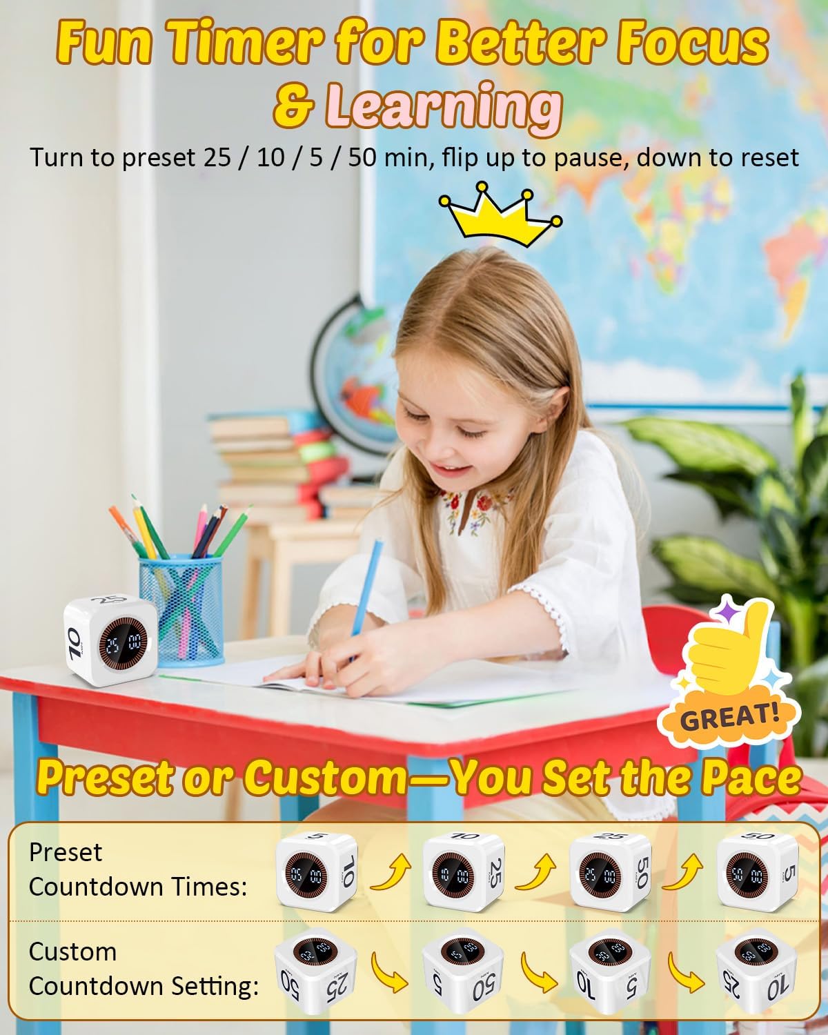 Digital Pomodoro Timer Cube 5/10/25/50min, Visual Productivity Flip Timer for Kids Classroom Desk, Custom Countdown, Silent and Sound Mode for ADHD Study Work Game Kitchen (Orange)