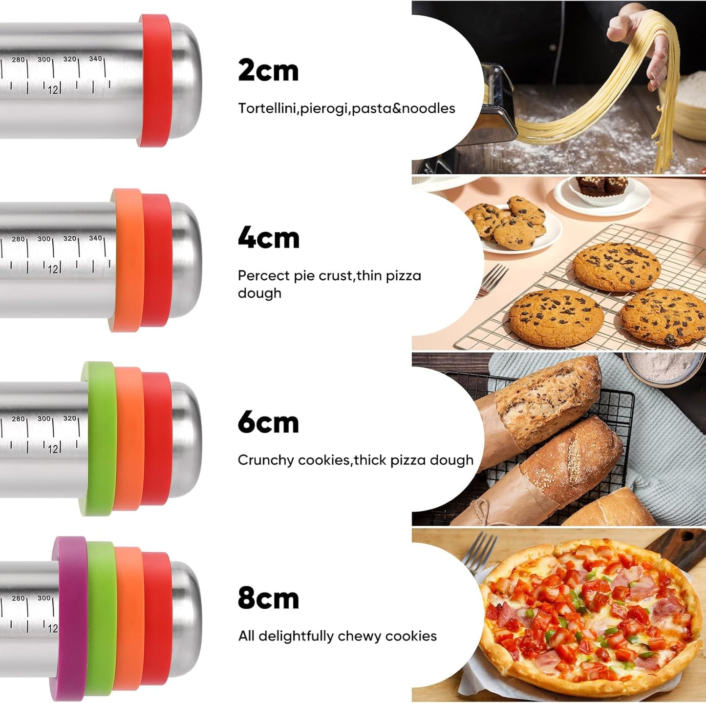Stainless Steel Rolling Pin with Adjustable Thickness Rings - 4 Interchangeable Sizing Bands for Dumplings/Pasta/Cookies - Nonstick Kitchen Baking Tool