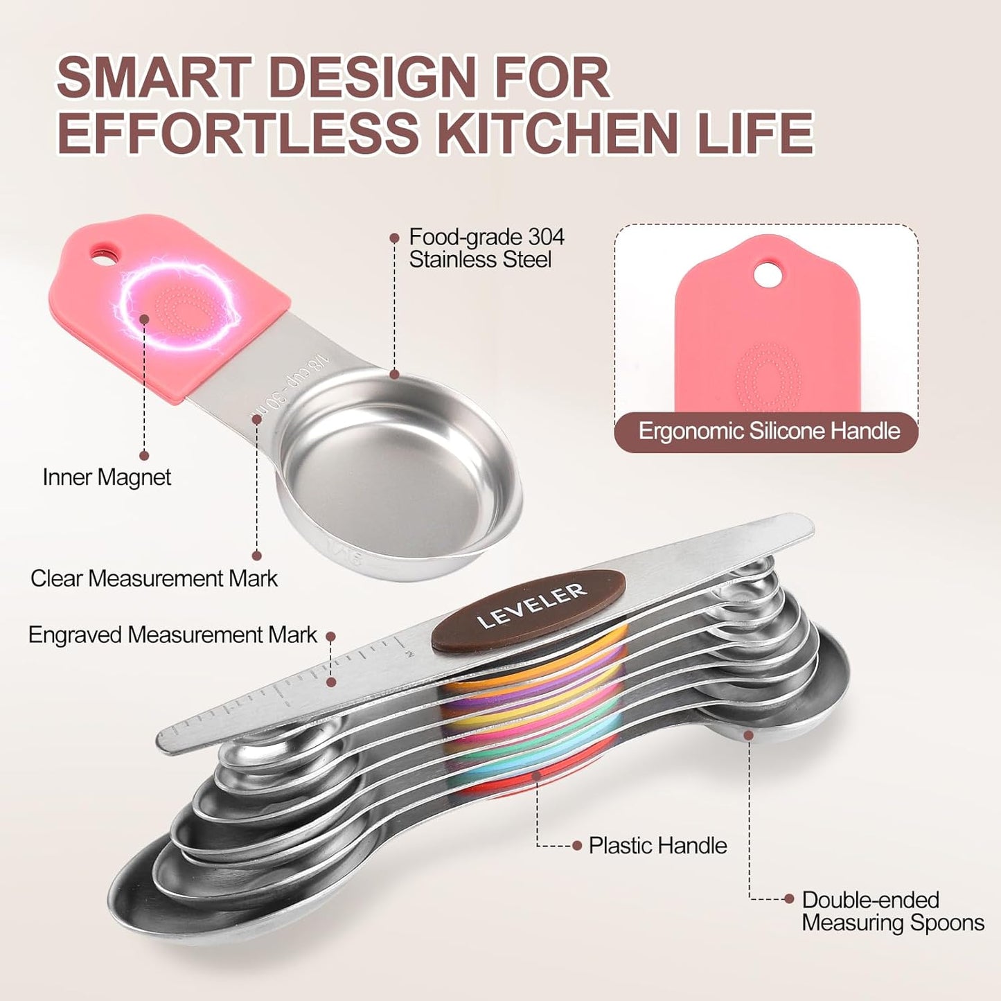 16-Piece Stainless Steel Measuring Cups and Spoons Set, Strong Magnetic Nesting Design 7 Cups 8 Spoons with Leveler, Double Measurement Markings for Dry & Liquid Ingredients, Gold