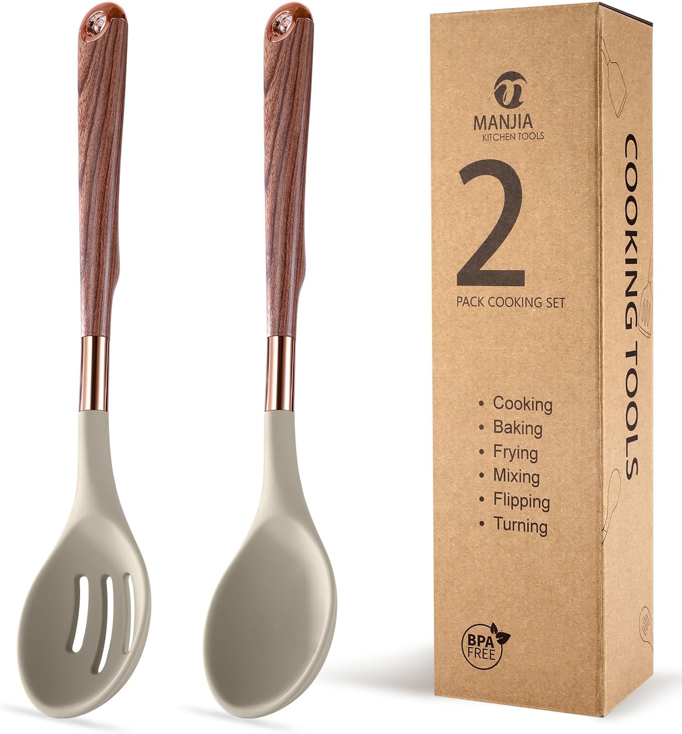 MANJIA Silicone Spatulas Set, Nonstick Silicone Spoon & Turner Spatula Set, Serving Spoon kitchen Spatula for Cooking Fish, Eggs,Flipper, Cooking Utensils Set 2pcs (white-spoons)
