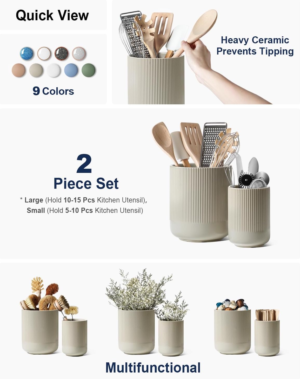 LE TAUCI Utensil Holder for Kitchen Counter, 7.3"+5.4" Fluted Ceramic Utensil Crock Organizer for Countertop, Heavy Large Holder for Spatulas, Spoons, Set of 2, White, Kitchen Counter Decor