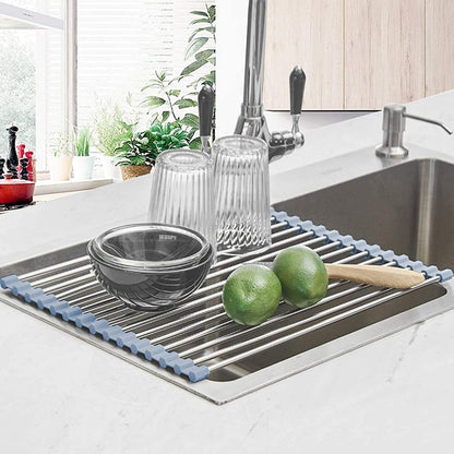 Seropy Roll Up Dish Drying Rack Over The Sink for Kitchen Sink Drying Rack Folding Dish Drainer Mat Rolling Dish Rack Sink Rack Stainless Steel Kitchen Dry Rack Black 17.5x15.7 Inch
