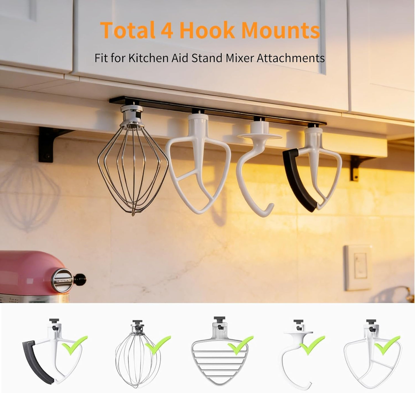 Metal Stand Mixer Attachment Holder Fits for Kitchenaid Mixer Accessories, Under Cabinet Organizers Hangers for Storage Kitchen aid Dough Hook Paddle Beater Whisk Utensil