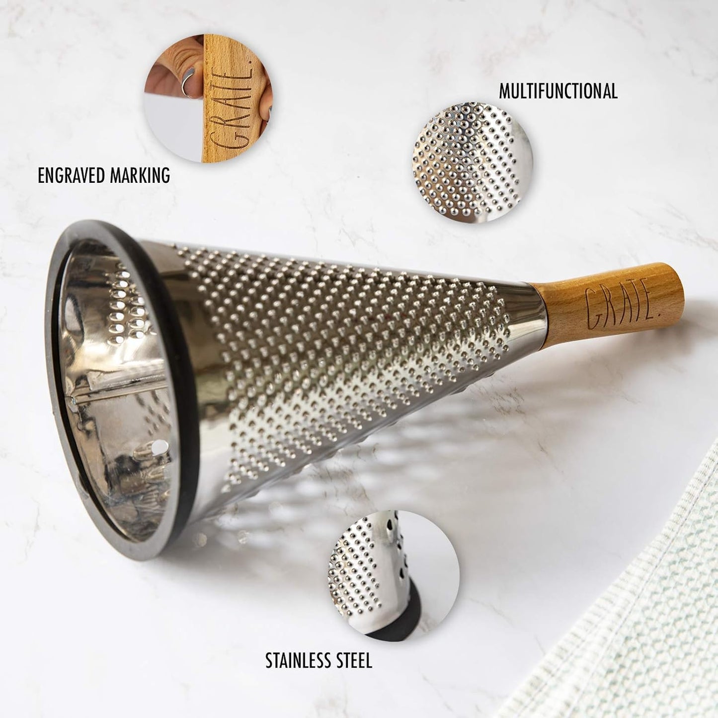 Rae Dunn Everyday Collection Multifunction Grater- Stainless Steel Grater and Zester for Cheese, Spices, Vegetables, Cream