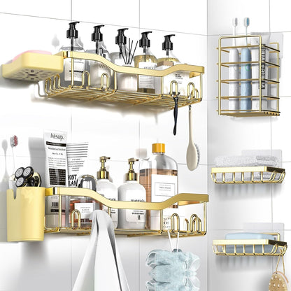 NESOMI Shower Caddy Adhesive Shower Organizer 7-Pack, Rustproof Stainless Steel Bathroom Shelves, Large Capacity No-Drill Rack Storage Accessories with Soap Dish Toothbrush Holder &24 Hooks Home Decor