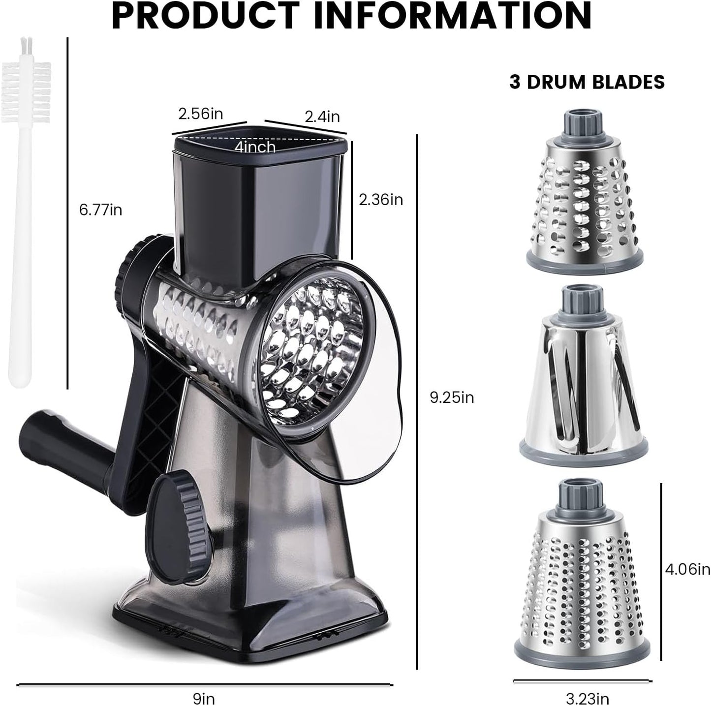 HANSGO Rotary Cheese Grater Hand Crank, Shredder Slicer Grinder, 3 Large Diameter Metal Blades & Cleaning Brush, Non-slip Suction Base, Labor-Saving Handle, Kitchen Gadgets for Cheese, Vegetable, Nuts