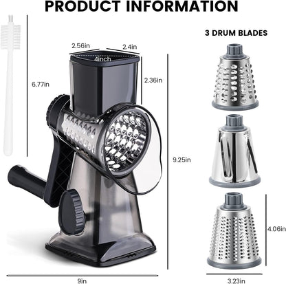 HANSGO Rotary Cheese Grater Hand Crank, Shredder Slicer Grinder, 3 Large Diameter Metal Blades & Cleaning Brush, Non-slip Suction Base, Labor-Saving Handle, Kitchen Gadgets for Cheese, Vegetable, Nuts
