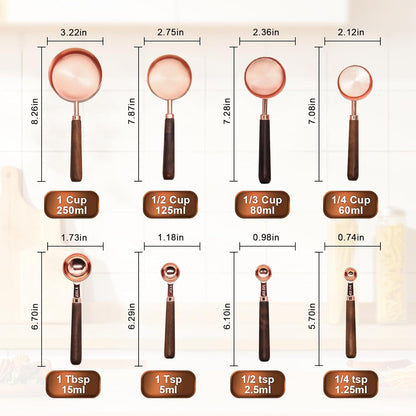 Measuring Cups and Spoons Set,Premium Stainless Steel Measuring Cups and Spoons Set with Wood Handle, 8-Pieces Kitchen Essentials for Baking, Coffee with Ergonomic Grip & Engraved Markings(Silver8)
