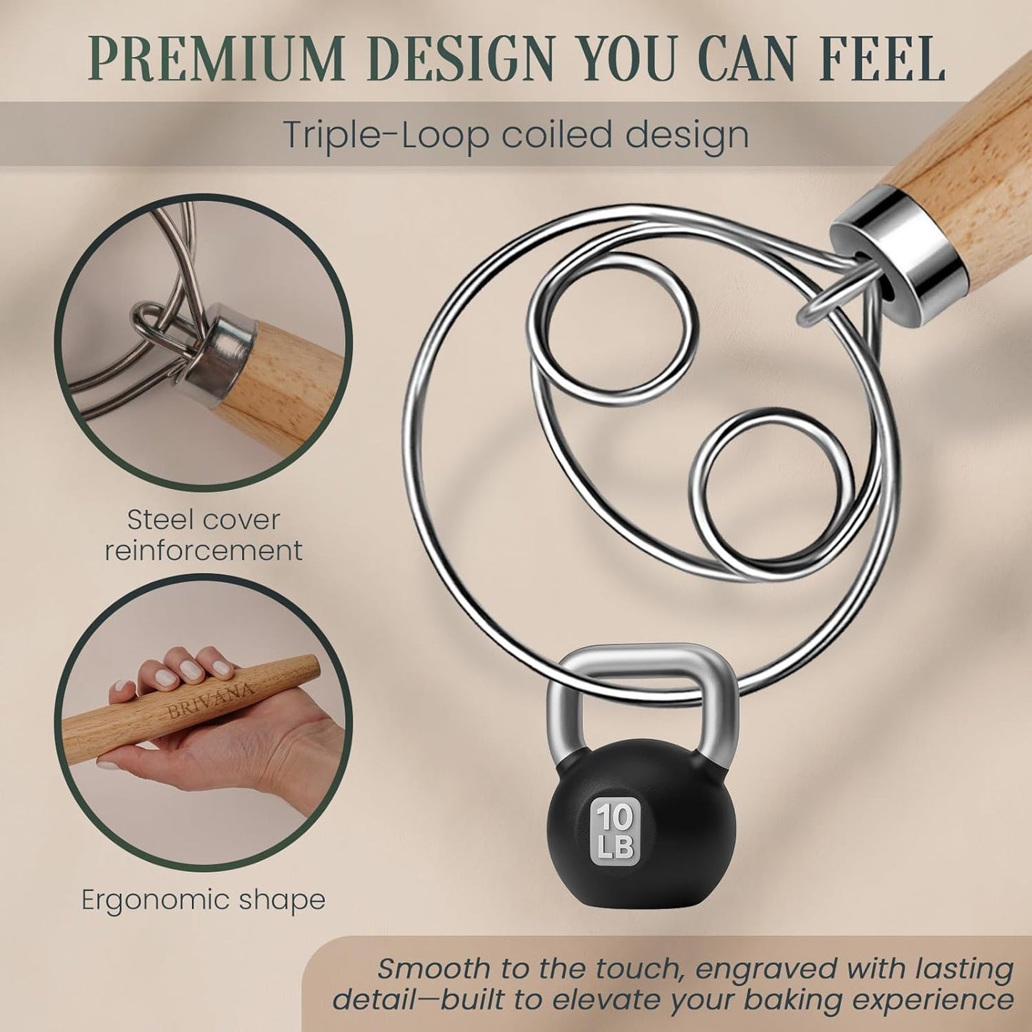 Danish Dough Whisk, Sourdough Bread Whisk with Wooden Handle, 13-Inch Stainless Steel Single Loop Dough Mixer for Bread Making, Pizza Dough, Batter and Pastry