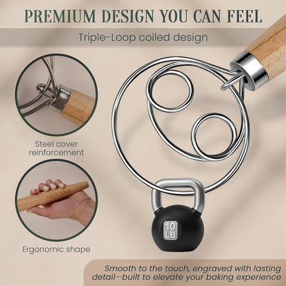 Danish Dough Whisk, Sourdough Bread Whisk with Wooden Handle, 13-Inch Stainless Steel Single Loop Dough Mixer for Bread Making, Pizza Dough, Batter and Pastry