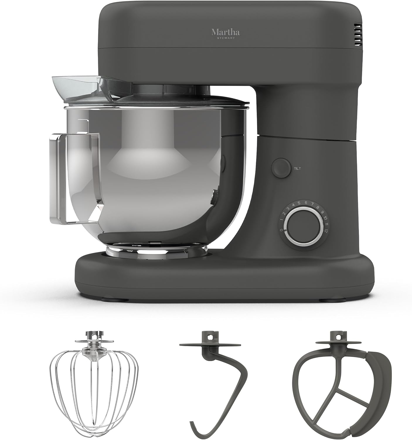 Martha Stewart Tilt-Head Stand Mixer, 12 Speed, 5.3QT Stainless Steel Bowl, Splash Guard with Pour Chute, Whisk, Dough Hook, Flat Beater, Electric Kitchen Baking Mixer, Bread, Cake, Whip, Sky Blue
