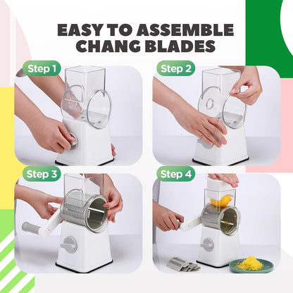 6-in-1 Multifunctional Rotary Cheese Grater with 11 Blades Dice Shred Slice Vegetable Chopper with Suction Base 360° Rotating Handle Safety Push Cup Multi Food Slicer Dicer for Kitchen(White)