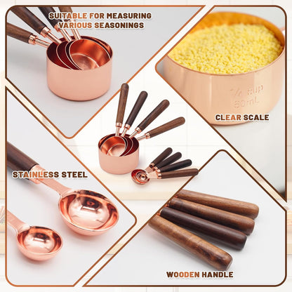 Measuring Cups and Spoons Set,Premium Stainless Steel Measuring Cups and Spoons Set with Wood Handle, 8-Pieces Kitchen Essentials for Baking, Coffee with Ergonomic Grip & Engraved Markings(Silver8)