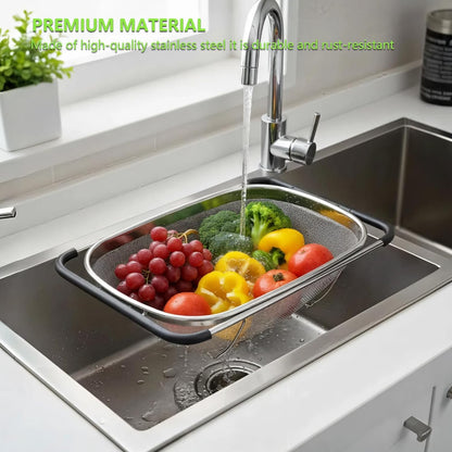 Over Sink Expandable Colander - Collapsible Fine Mesh Strainer Basket with Non-Slip Extendable Silicone Grip, Stainless Steel Kitchen Accessories for Rinsing Pasta, Rice, Fruits & Vegetables