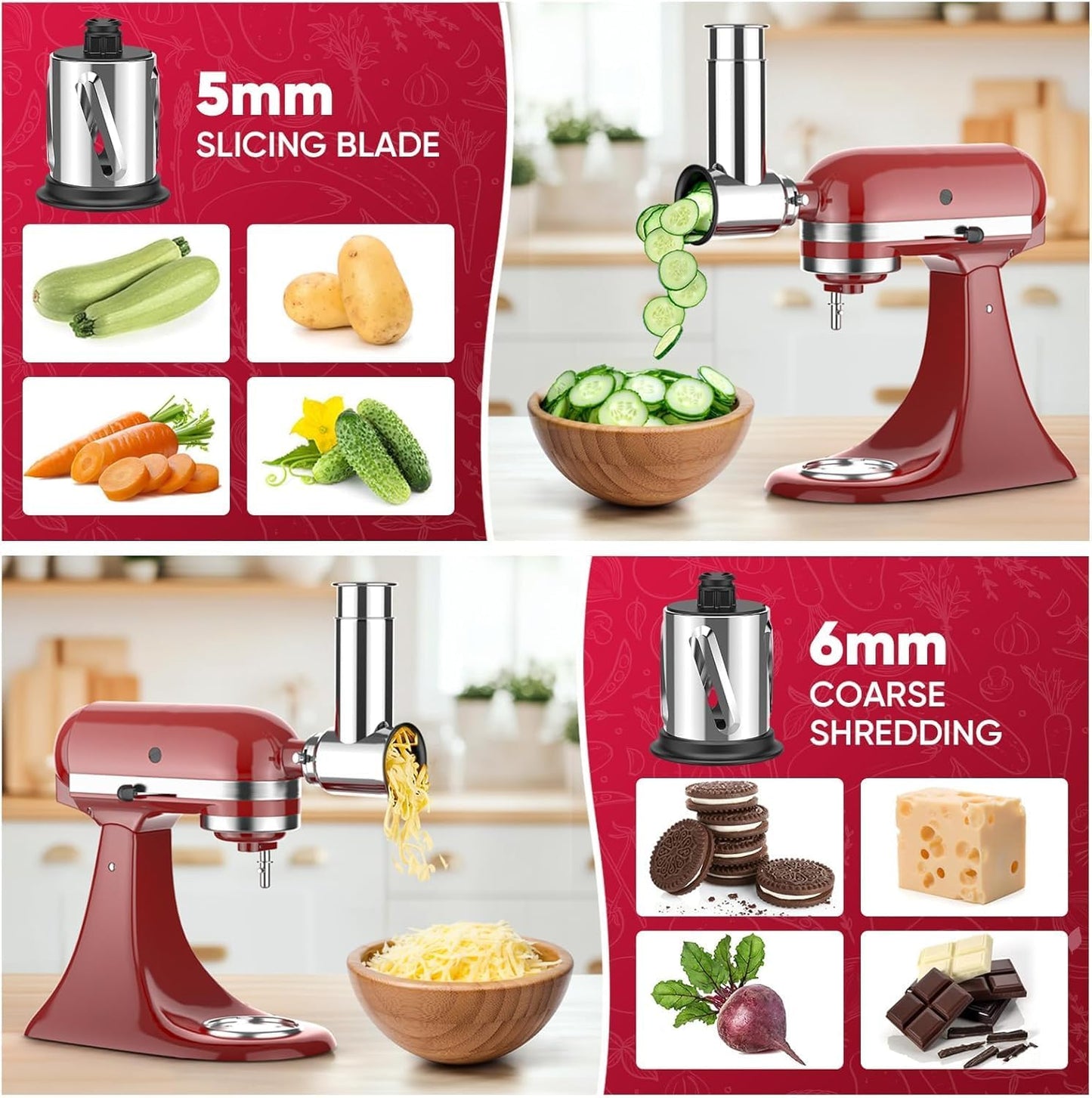 Cofun Slicer Shredder Attachment for Kitchenaid Stand Mixer, Cheese Grater Attachment, Food Slicer Salad Maker for Kitchen aid Mixer Accessories and Attachments with 3 Blades