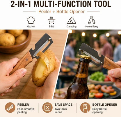 Premium Vegetable Peeler with Ergonomic Wooden Handle & Built-in Bottle Opener - Professional Stainless Steel Blade for Potato, Apple, Pumpkin - Multi-functional Kitchen Tool for Effortless Peeling