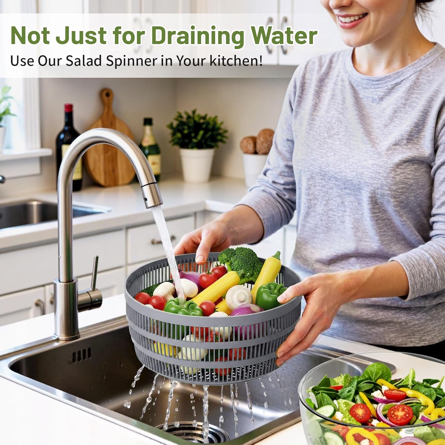 Salad Spinner, 5.3 QT Lettuce Spinner with Strainer, Fruit Cleaner with 4 Replaceable Blade for Shredding, Slicing and Pureeing, Salad Washer & Dryer for Quick Washing (Green)