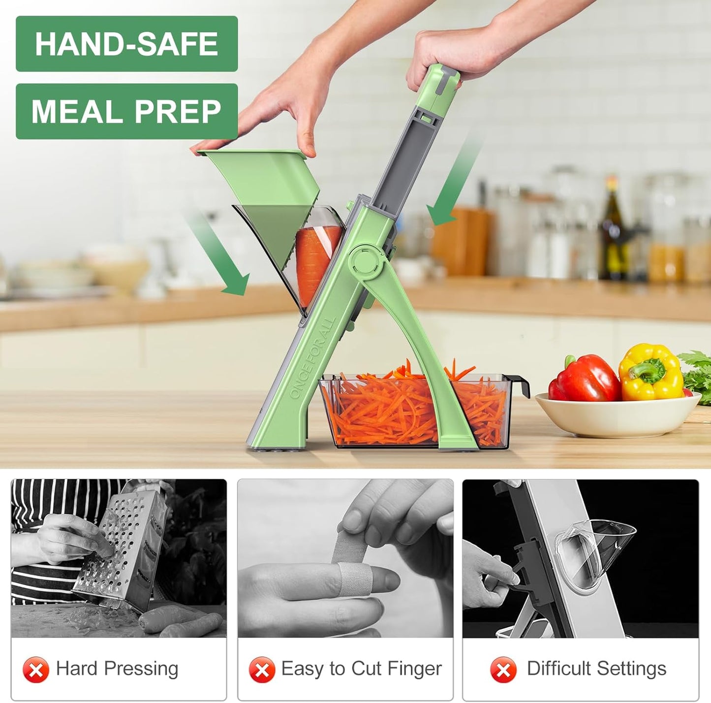 [All in 1] Upgraded Version Safe Mandoline Slicer for Kitchen, Adjustable Thickness. and Spiralizer, Veggie Slicer, Rapid Prep Mandoline, Detachable Blade, Cleaning Brush (High-grade Gray)