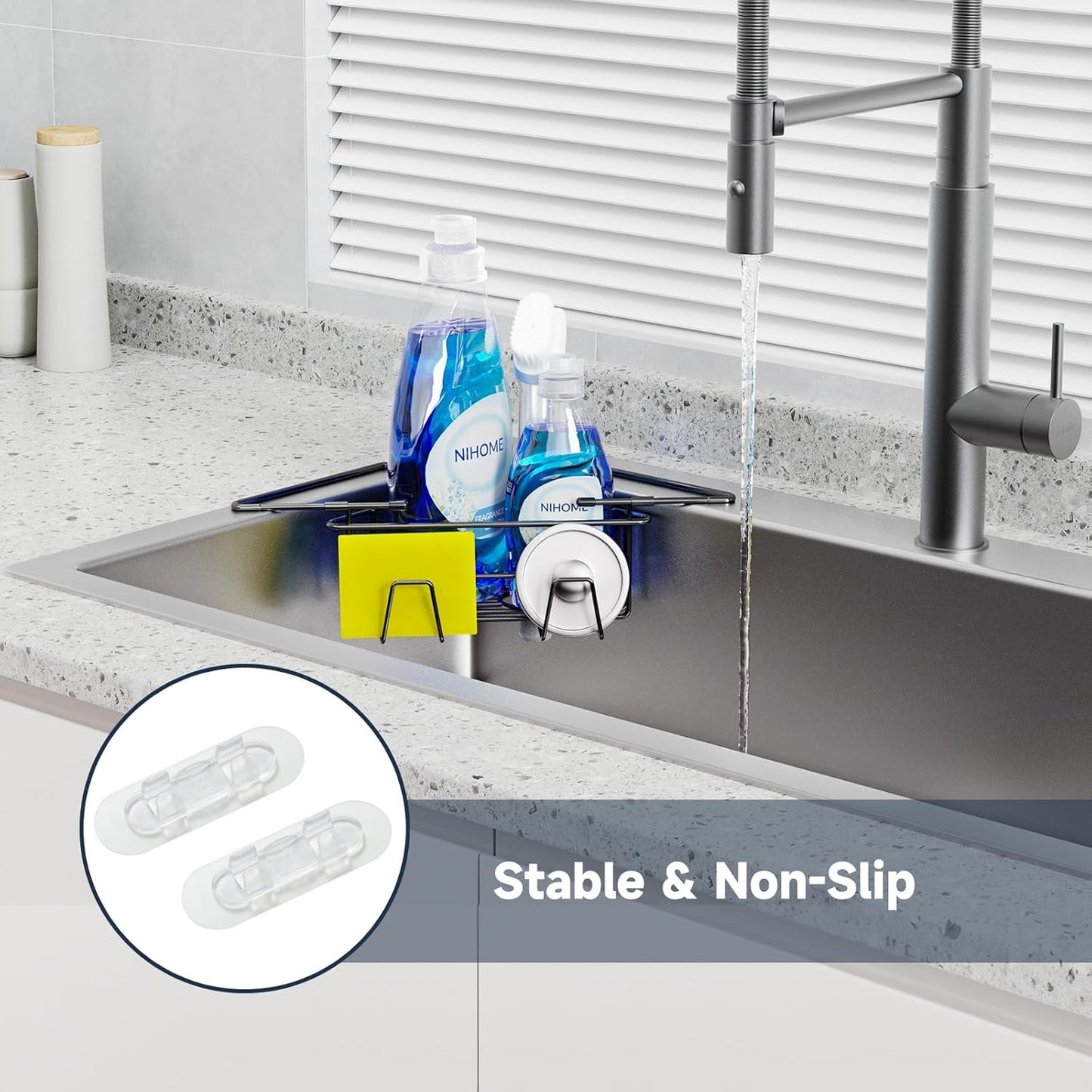 NiHome Extendable Arm Stainless Steel Kitchen Sink Corner Caddy, Easy Install Space-Saving Adjustable Sponge Holder, Non-Slip Rust-Resistant for Brushes, Soap, Sponges (Silver)