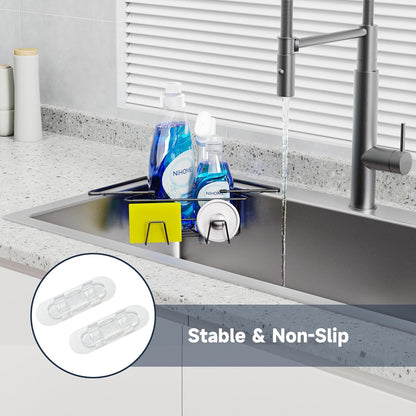 NiHome Extendable Arm Stainless Steel Kitchen Sink Corner Caddy, Easy Install Space-Saving Adjustable Sponge Holder, Non-Slip Rust-Resistant for Brushes, Soap, Sponges (Silver)