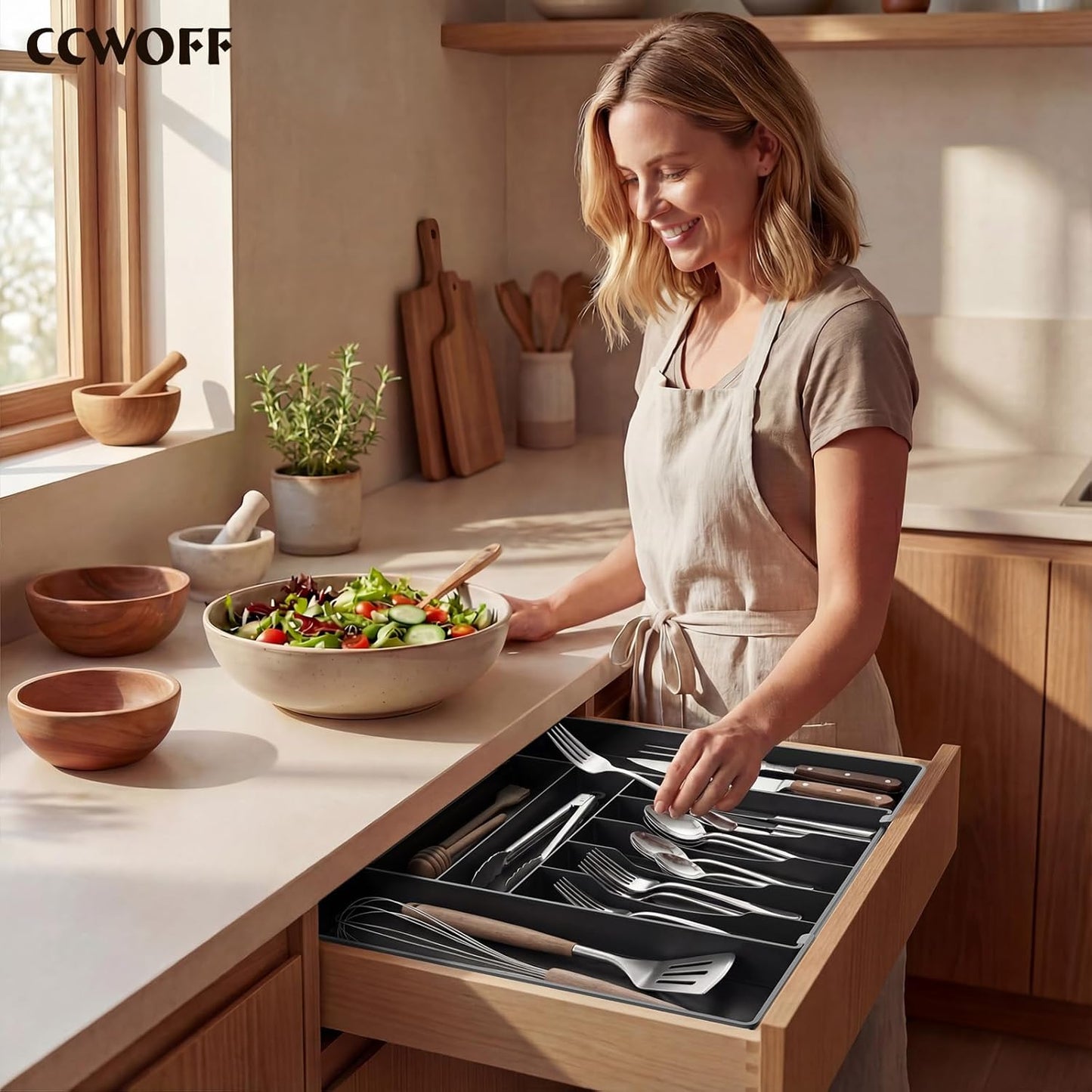 Extra Large Silverware Organizer, 9 Slot Expandable Kitchen Drawer Organizer, Utensil Holder, Heavy Duty Stainless Steel Frame Silverware Drawer Organizer, 8 Non-Slip Feet Included, BPA Free, Black