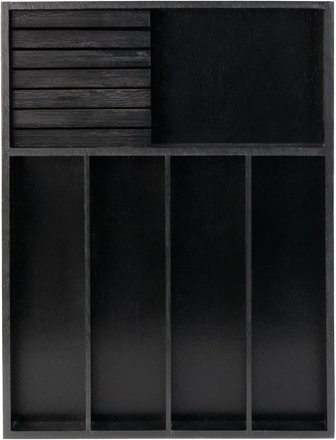 VaeFae Bamboo Silverware Drawer Organizer Kitchen, Expandable Utensil Organizer with Knife Block, Cutlery Tray with Divider, Multifunctional Drawer Organizer (Black)