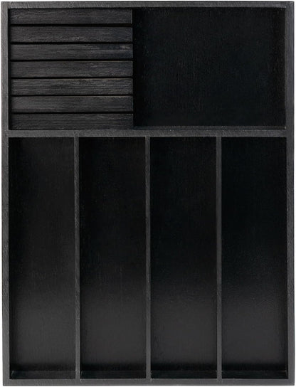 VaeFae Bamboo Silverware Drawer Organizer Kitchen, Expandable Utensil Organizer with Knife Block, Cutlery Tray with Divider, Multifunctional Drawer Organizer (Black)