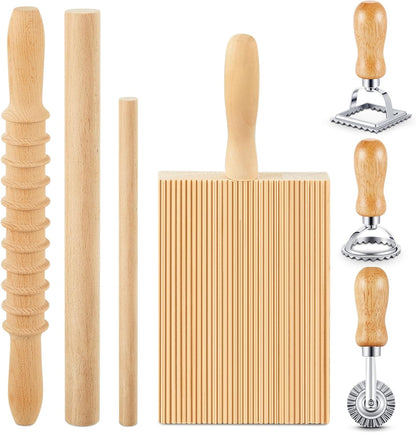 Tioncy 7 Pcs Pasta Making Tool Set Kitchen Gift, Wood Gnocchi Board with Ravioli Stamp Ravioli Maker Rolling Pin Gnocchi Garganelli Italian Pasta Tools for Beginners Home Cooks