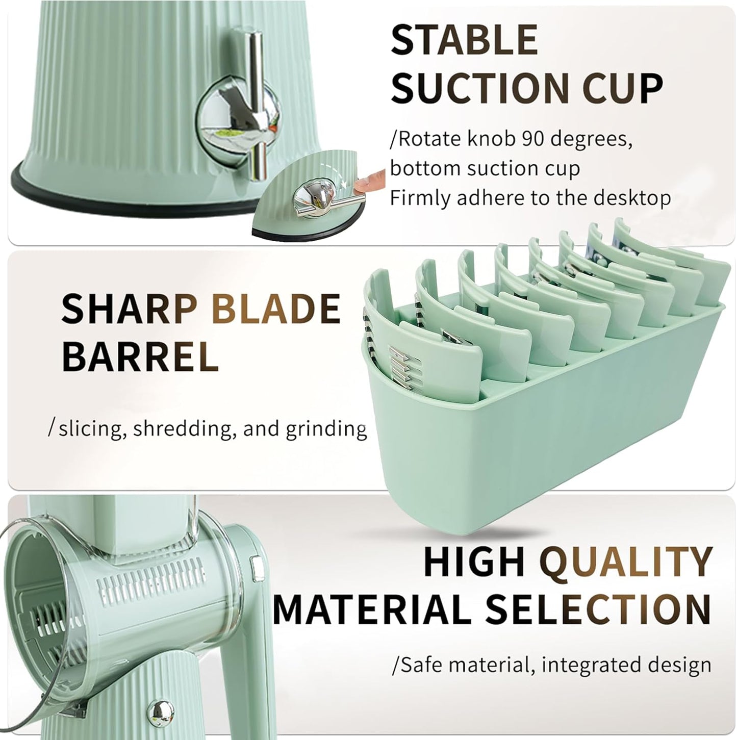 5-in-1 Rotary Cheese Grater Vegetable Slicer, 5 Interchangeable Blades Food Shredder with Anti-Slip Reinforced Suction Base, Kitchen Mandoline Chopper with Blade Storage Box (Green)