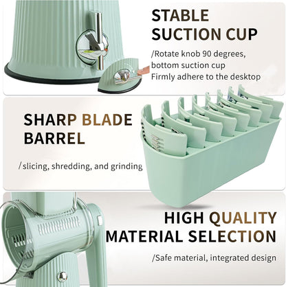 5-in-1 Rotary Cheese Grater Vegetable Slicer, 5 Interchangeable Blades Food Shredder with Anti-Slip Reinforced Suction Base, Kitchen Mandoline Chopper with Blade Storage Box (Green)
