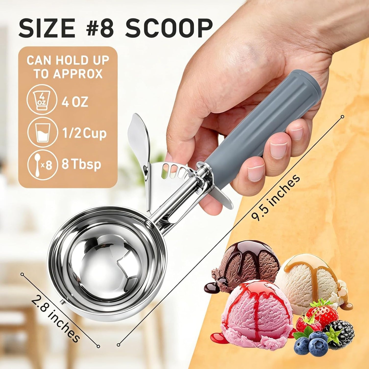 Fayomir 2 oz Scoop, Cookie Scoop for Baking, 2 oz Ice Cream Scoop with Trigger, #16 Disher, Portion Scoop, Blue Handle, Food Scoop for Ice Cream, Muffin, Cupcake Batter, Mashed Potato, Cookie Dough