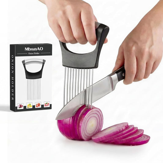 Onion Holder for Slicing, Stainless Steel Onions Slicer with Protective Cover, Vegetable Chopper Onion Slicer Holder Assistant Tool for Meat Potato Tomato Lemon Avocados