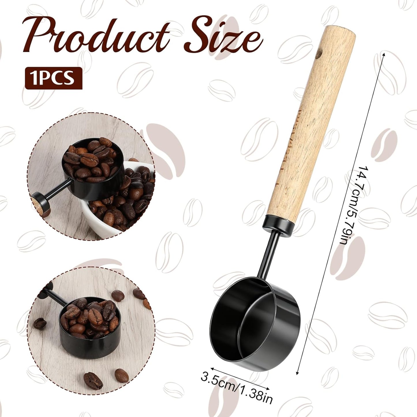 Stainless Steel Wood 1 Teaspoon Scoop, Wood Long Handle Coffee-Bean Scoops, 1 Tablespoon Coffee Scoop, Measuring Scoops for Coffee, Tea, Spices (Black, 15ML, 6 Inch)