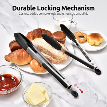 600ºF Heat Resistant Kitchen Tongs: U-Taste 9 inch Silicone Cooking Tong with Firm Sealed Non Stick Rubber Tips & Silicon Coated 18/8 Stainless Steel Handle & Smooth Locking for Serving Salad (Black)