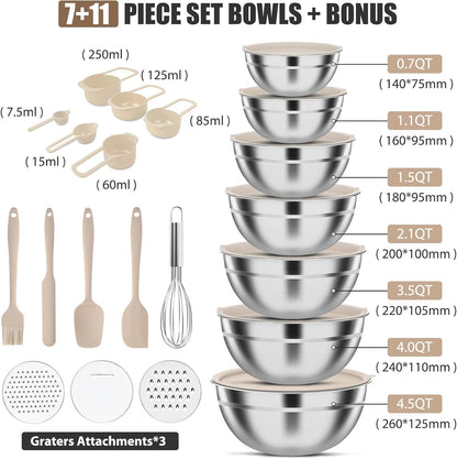 ENVTEK Mixing Bowls with Lids Set, 7 PCS Stainless Steel Mixing Bowls with 3 Grater Attachments, Size 4.5, 4, 3.5, 2.1, 1.5, 1.1, 0.7QT, Ideal for Kitchen Cooking Baking & Serving