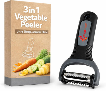 Fruits & Vegetables Peeler Set – Y Peeler Ultra-Sharp Stainless Steel Swivel Standard, Serrated, & Julienne Blades
