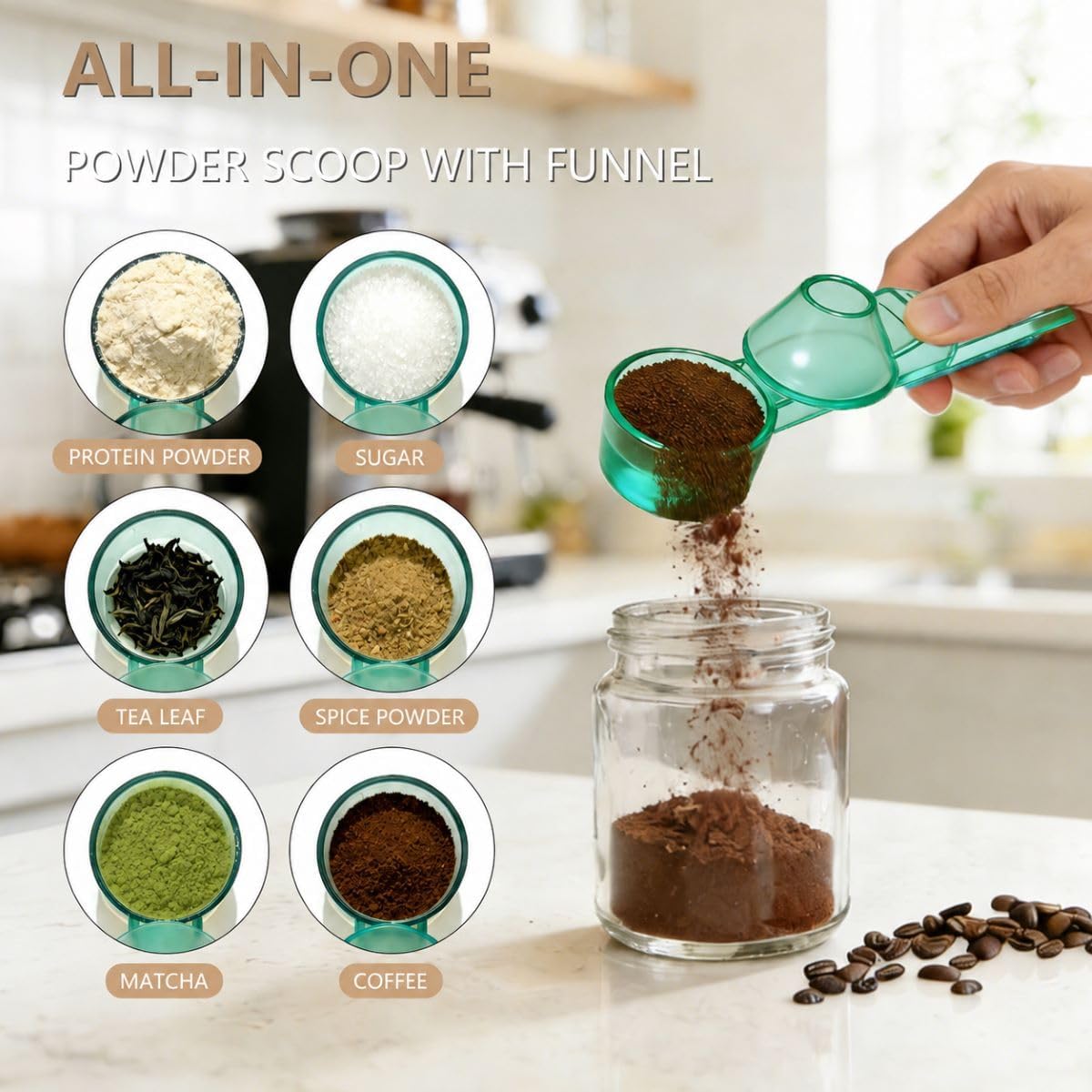 Credon Coffee Scoop with Funnel for Ground Coffee & Protein Powder – Coffee Bean Measuring Spoon, 2 Tablespoon Slide Scoop for Reusable K-Cup, Precision Spill-Proof (Black)