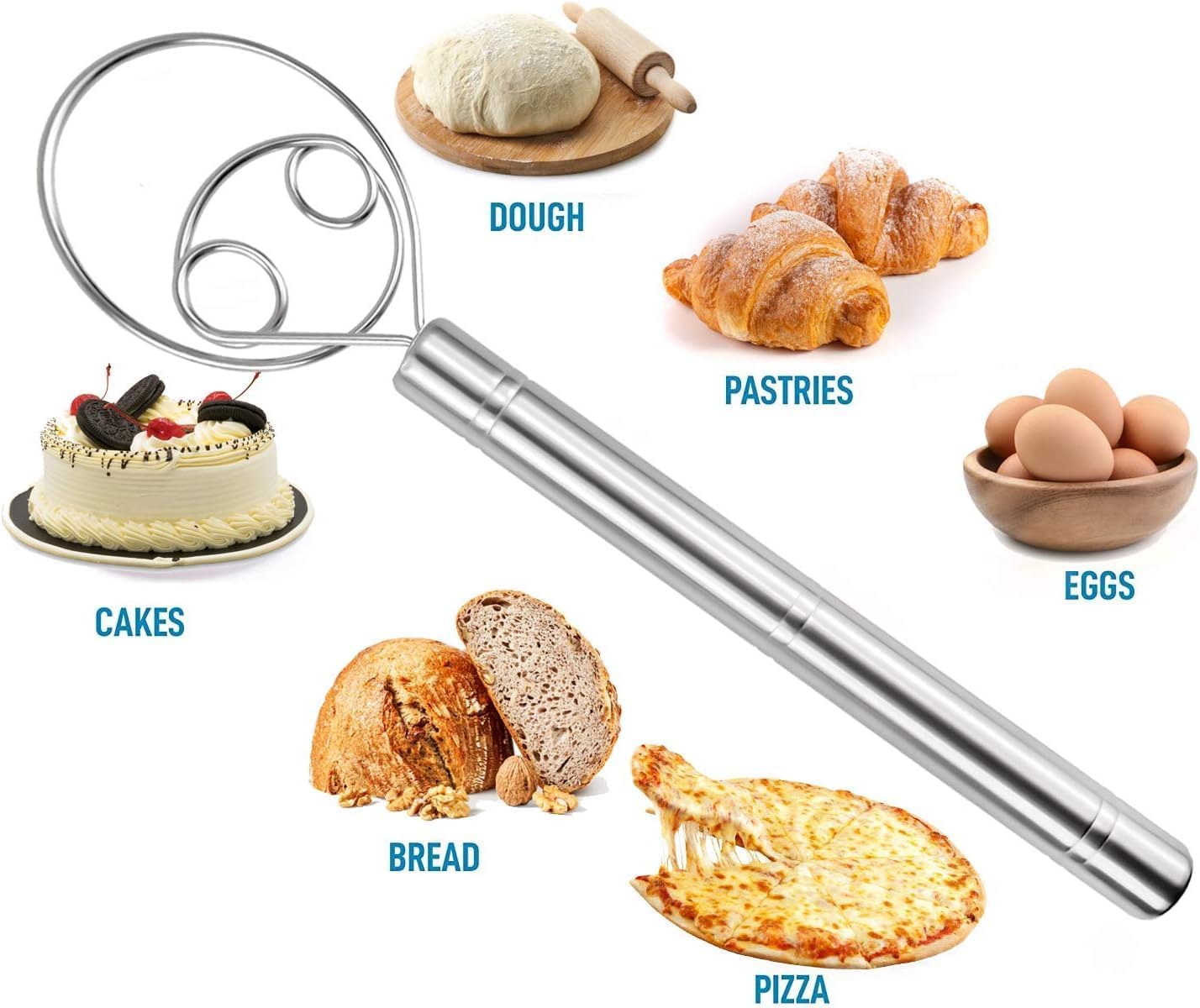 Large Danish Dough Whisk Bread Mixer, Premium Stainless Steel Dutch Whisk for Bread, Pastry or Pizza Dough - Perfect Baking Tool Alternative to a Blender, Mixer or Hook